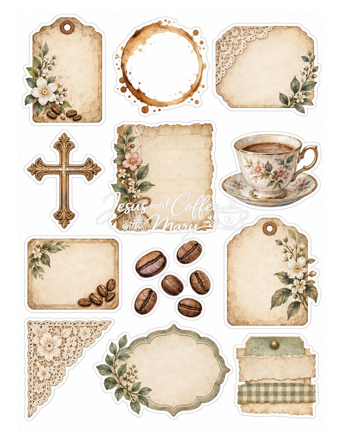 Vintage Coffee & Faith Printable Paper, Tags & Ephemera Set