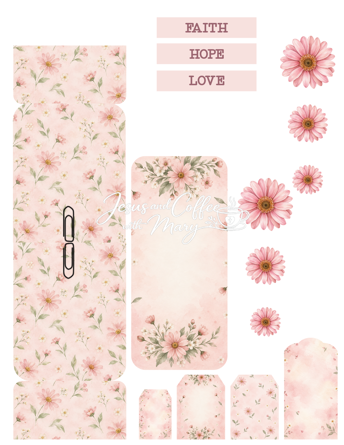 Pink Floral Hidden Paperclip Ephemera Set | Printable Bible Journaling Supplies