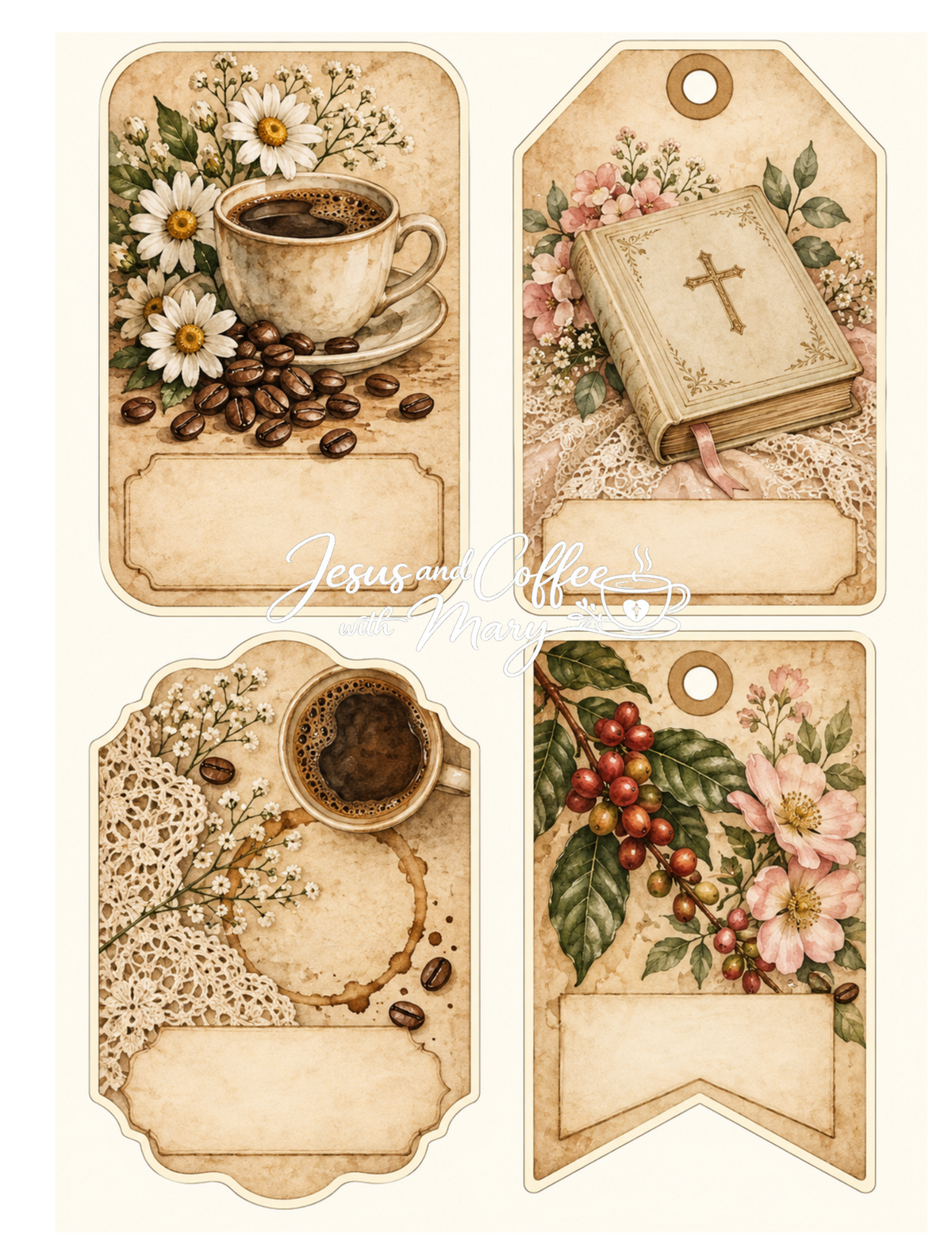 Vintage Coffee & Faith Printable Paper, Tags & Ephemera Set