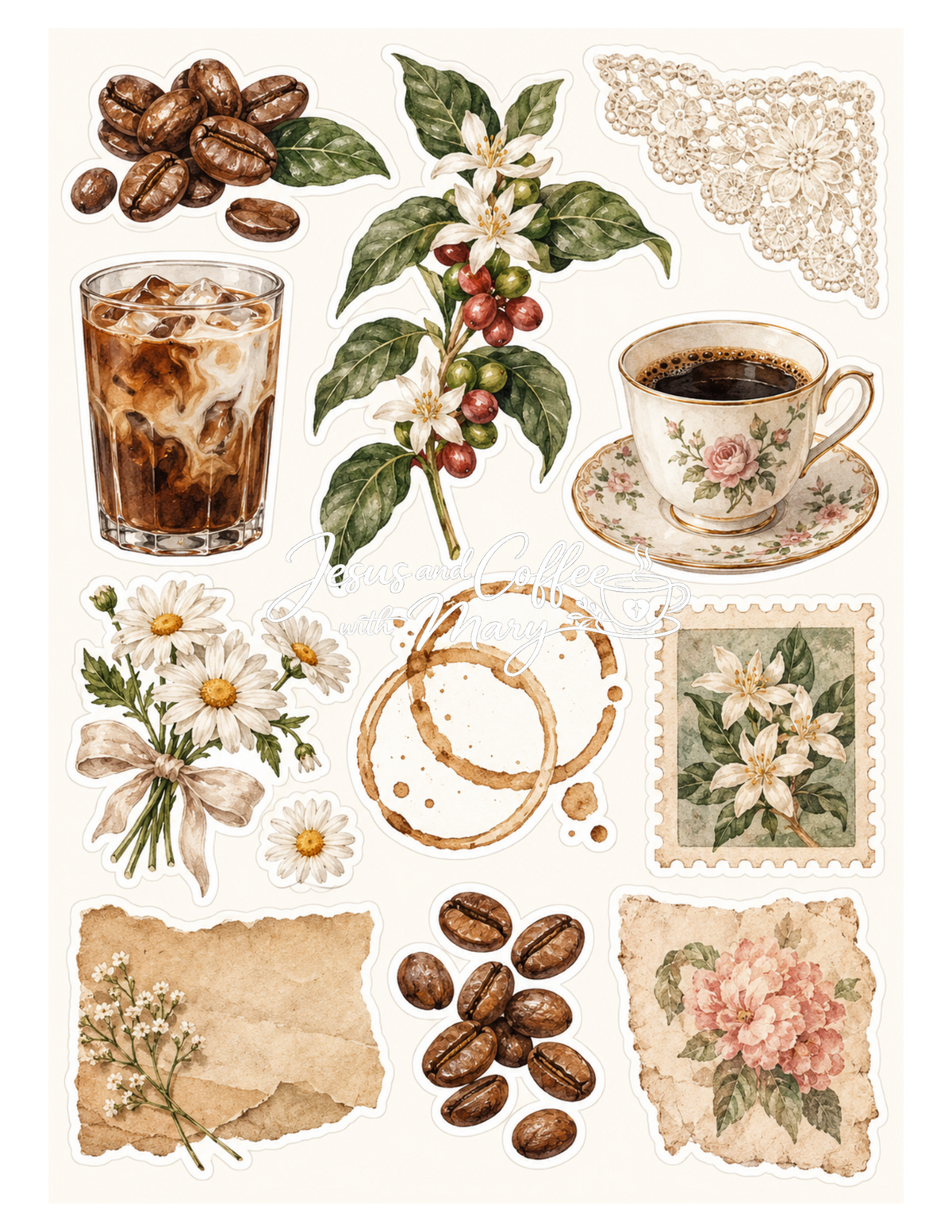 Vintage Coffee & Faith Printable Paper, Tags & Ephemera Set
