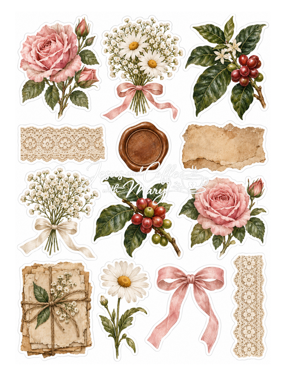 Vintage Coffee & Faith Printable Paper, Tags & Ephemera Set