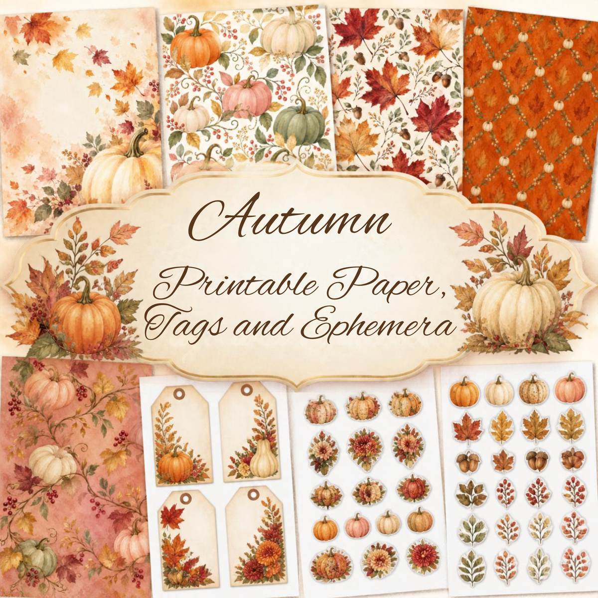 Autumn Printable Paper, Tags & Ephemera | Pumpkin Fall Digital Download