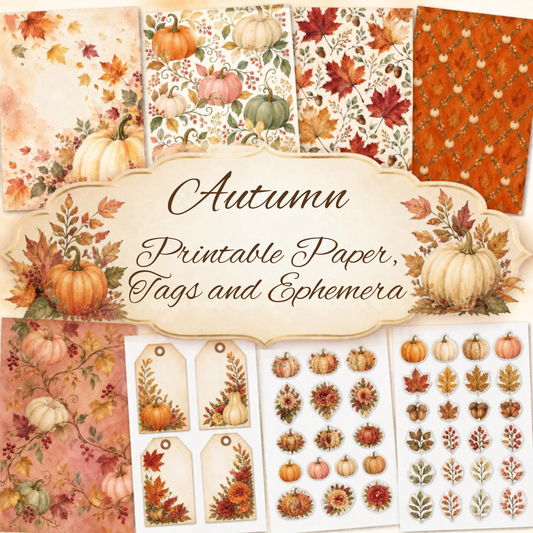 Autumn Printable Paper, Tags & Ephemera | Pumpkin Fall Digital Download
