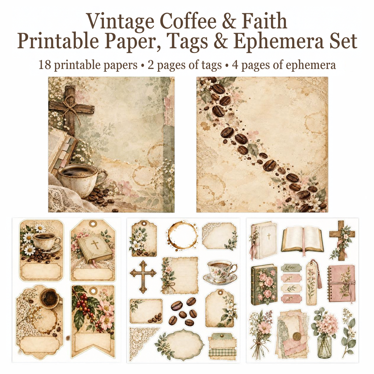 Vintage Coffee & Faith Printable Paper, Tags & Ephemera Set