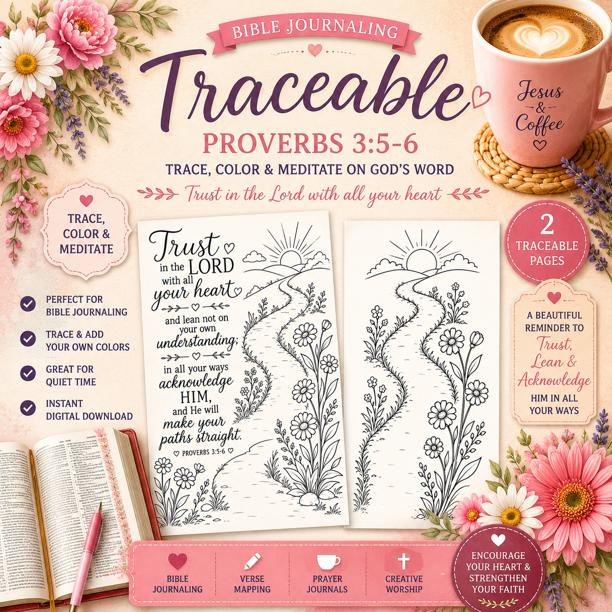 Proverbs 3:5-6 Bible Journaling Traceable Printable PDF