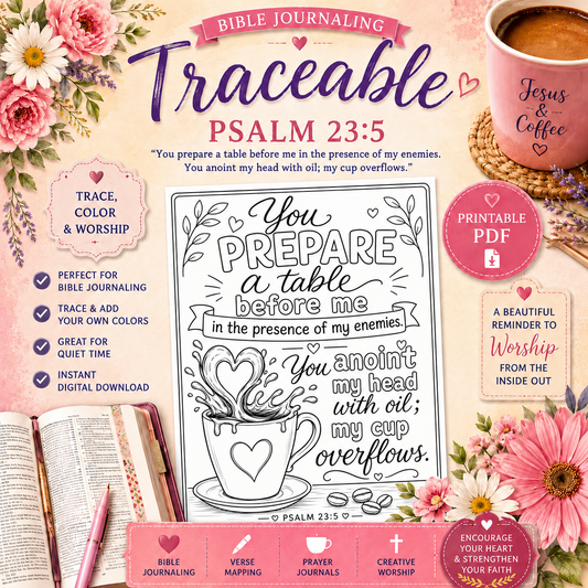 Psalm 23:5 Bible Journaling Traceable Printable | My Cup Overflows