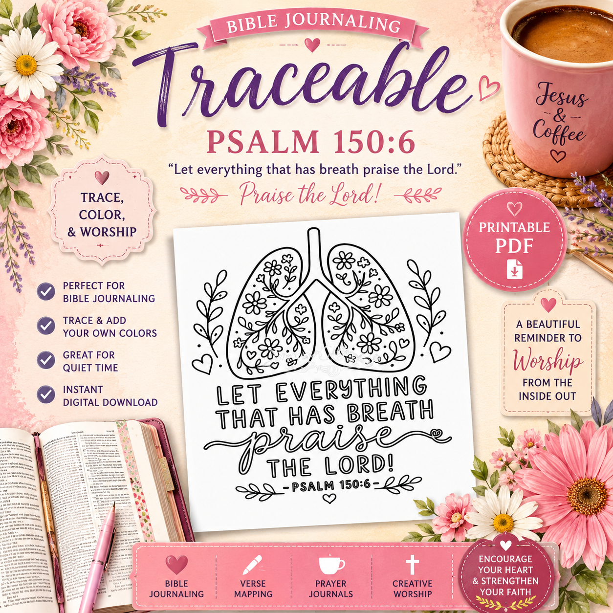 Psalm 150:6 Bible Journaling Traceable | Printable Christian Coloring & Bible Journal Page PDF