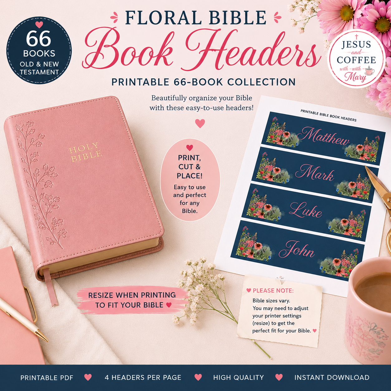 Floral Bible Book Headers | Printable Bible Journaling Set (66 Books)