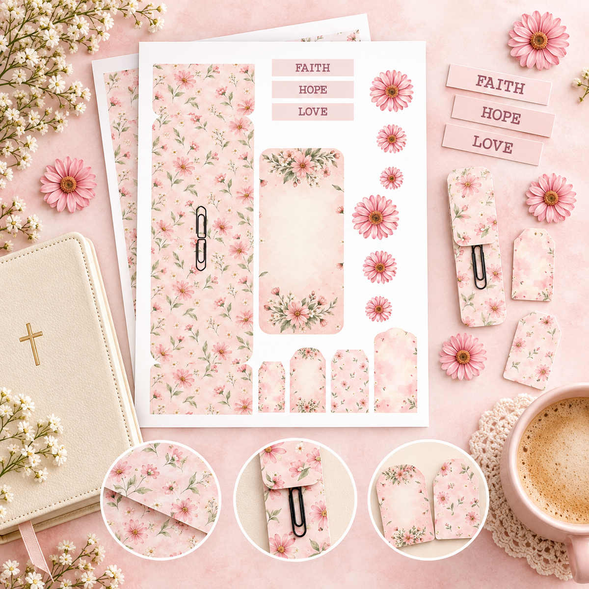 Pink Floral Hidden Paperclip Ephemera Set | Printable Bible Journaling Supplies