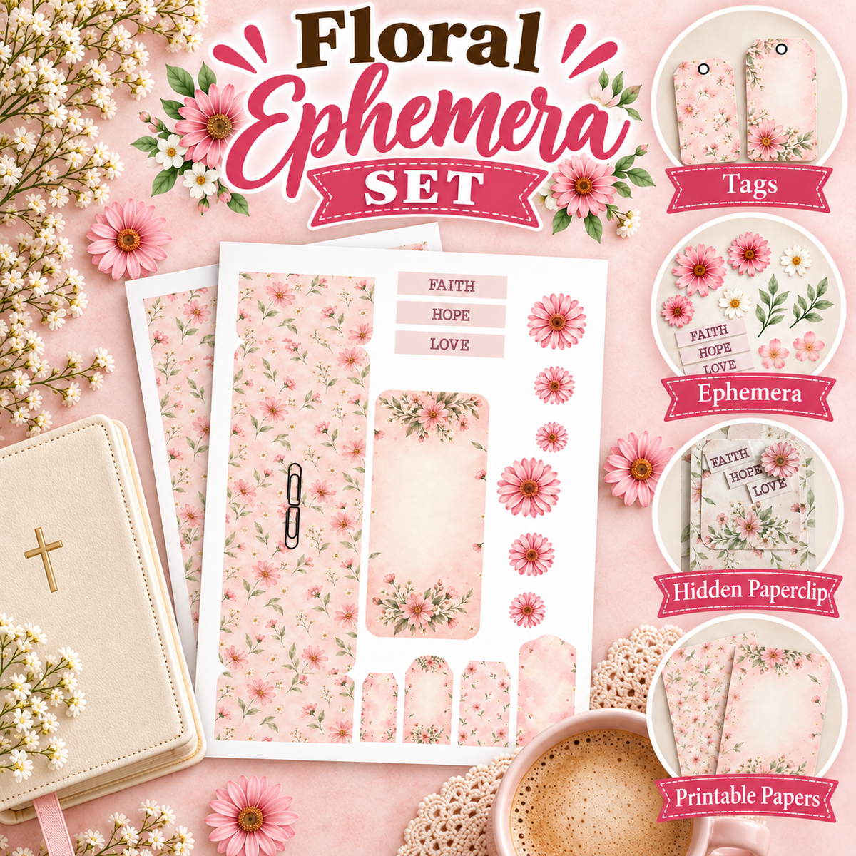 Pink Floral Hidden Paperclip Ephemera Set | Printable Bible Journaling Supplies