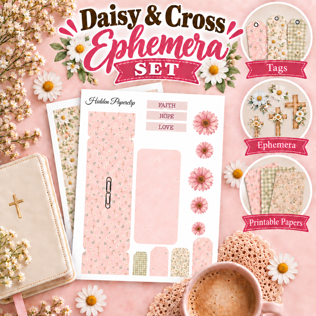 Daisy & Cross Ephemera Printable Set | Hidden Paperclip, Tags & Bible Journaling Supplies