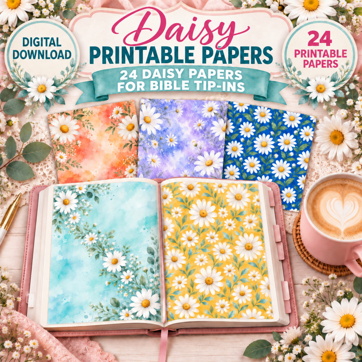 Daisy Printable Papers | 24 Bible Tip-In & Scrapbooking Pages
