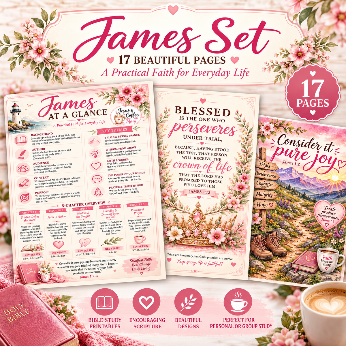 Book of James Bible Journaling Printable Set | Scripture Tip-Ins, Ephemera & Faith-Based Printables