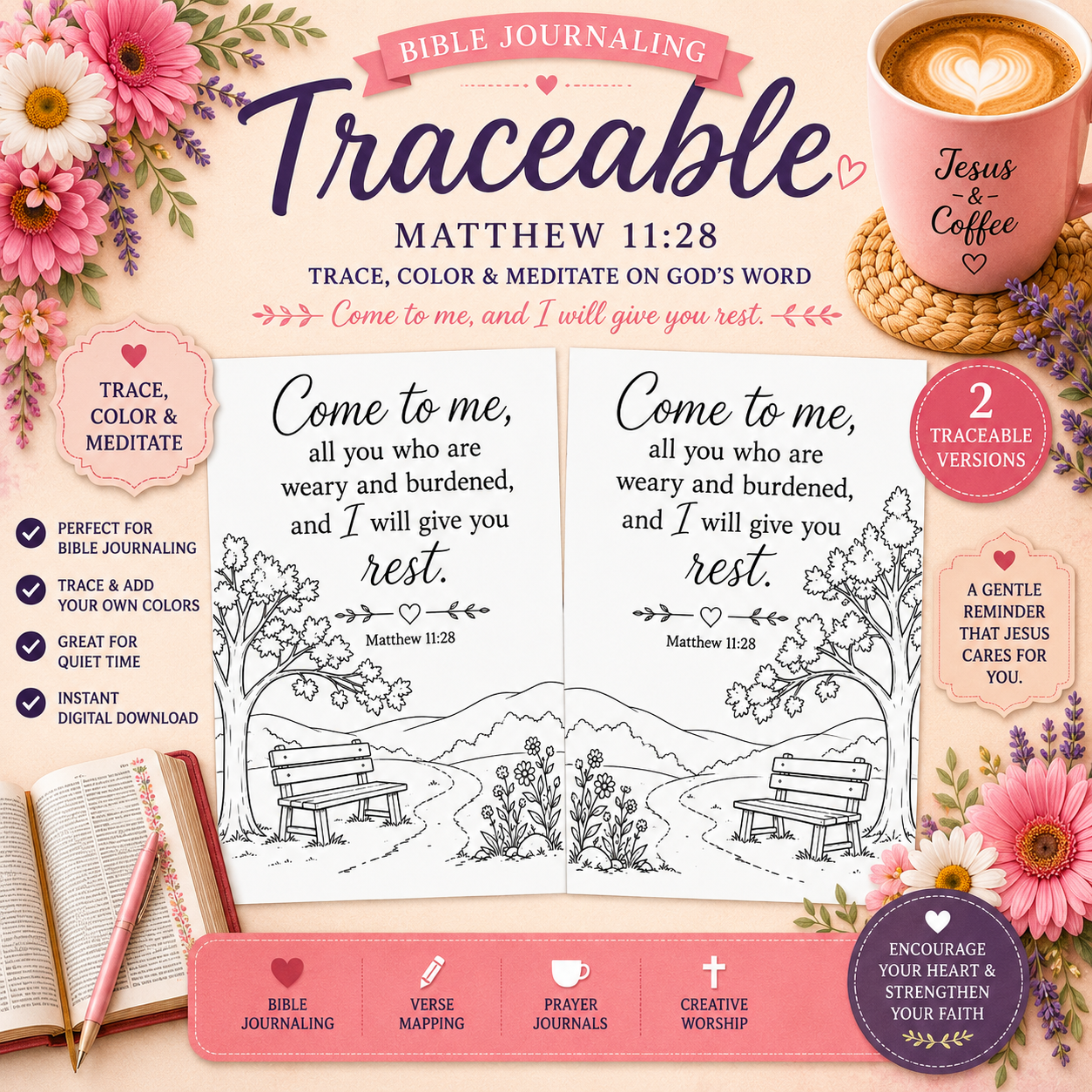Matthew 11:28 Bible Journaling Traceable | Printable Christian Coloring & Bible Journal Page PDF