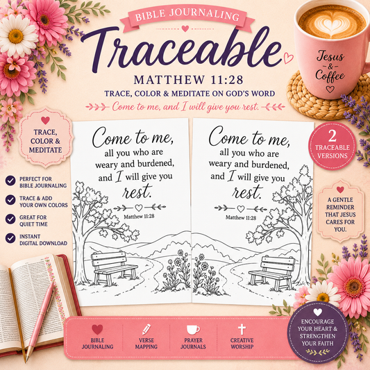 Matthew 11:28 Bible Journaling Traceable | Printable Christian Coloring & Bible Journal Page PDF