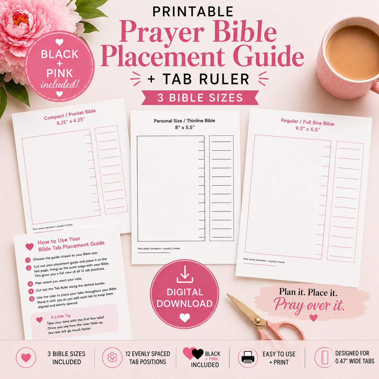 Printable Prayer Bible Tab Placement Guide + Tab Ruler | 3 Bible Sizes 💕📖