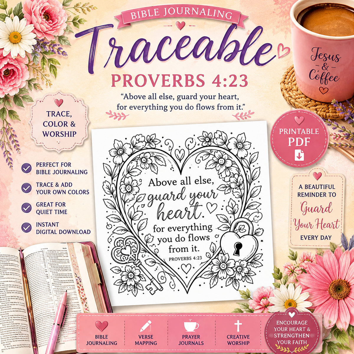 Proverbs 4:23 Bible Journaling Traceable | Printable Christian Coloring & Bible Journal Page PDF