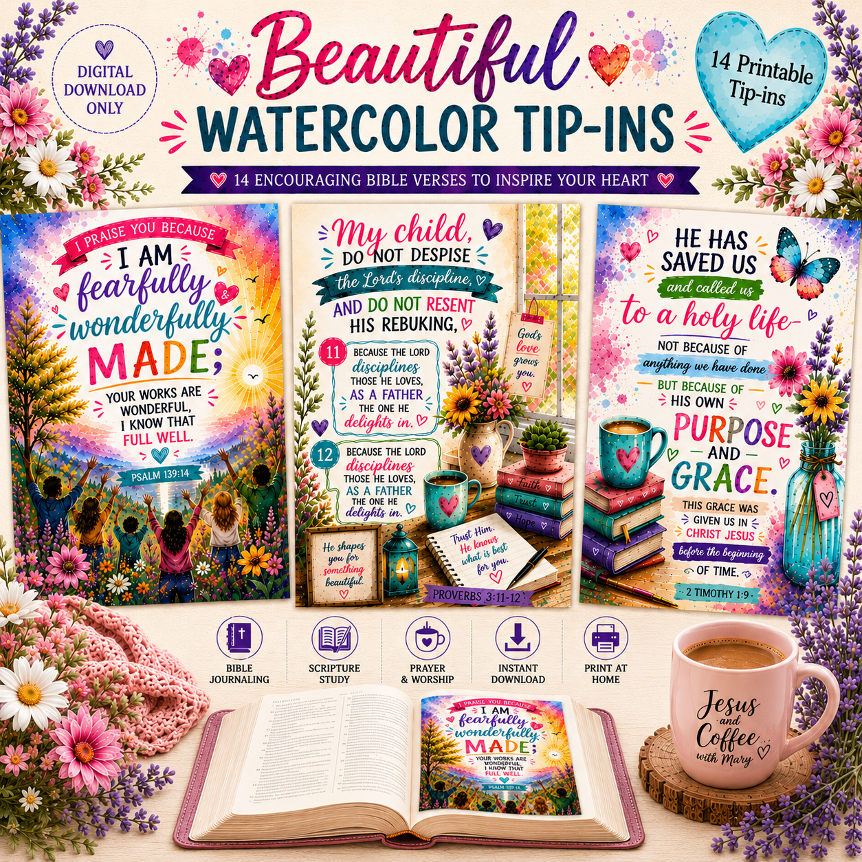Beautiful Watercolor Bible Tip-Ins Set 1 | Printable Bible Journaling PDF