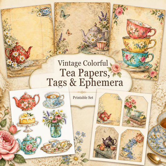 Vintage Colorful Tea Papers, Tags & Ephemera Printable Set