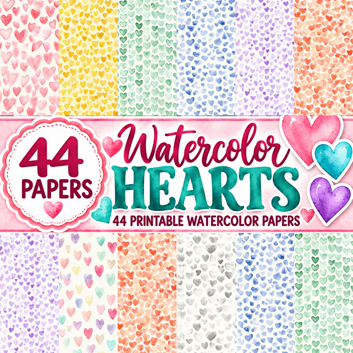 Watercolor Hearts Mega Paper Pack – 44 Printable Digital Papers