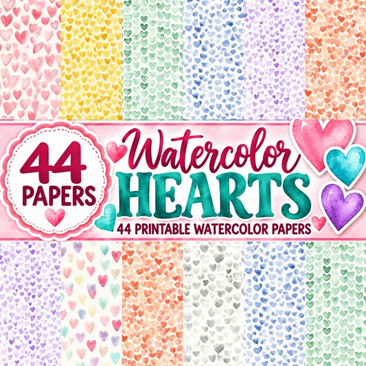 Watercolor Hearts Mega Paper Pack – 44 Printable Digital Papers
