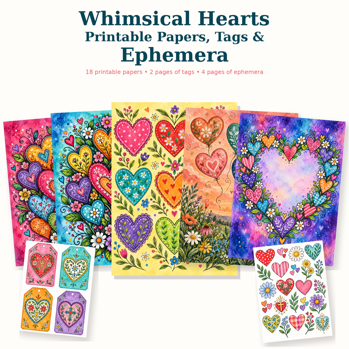 Whimsical Hearts Printable Papers, Tags & Ephemera Set