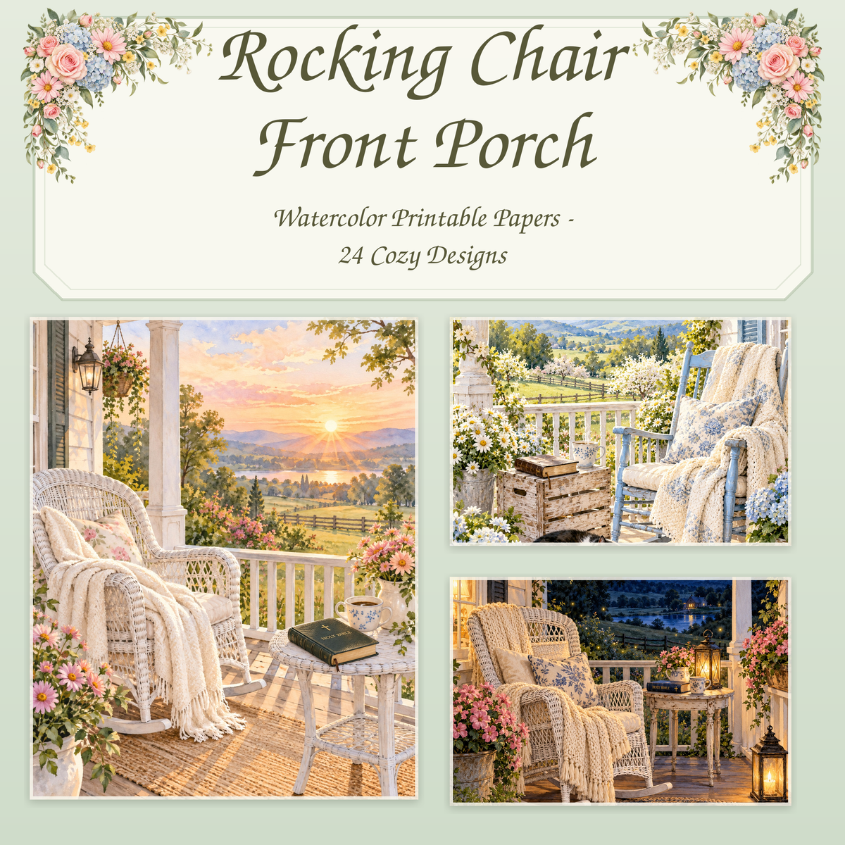 Rocking Chair Front Porch Watercolor Printable Papers - 24 Cozy Designs