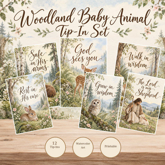 Woodland Baby Animal Printable Tip-In Set | 12 Watercolor Bible Journaling Tip-ins